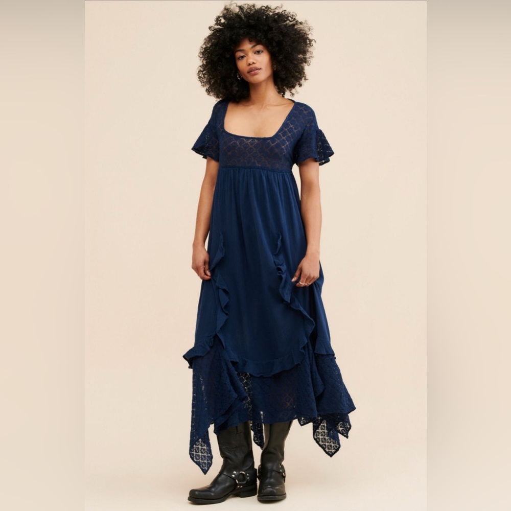 Free People Bring the romance Midnight Blue navy ruffle High Low Dress